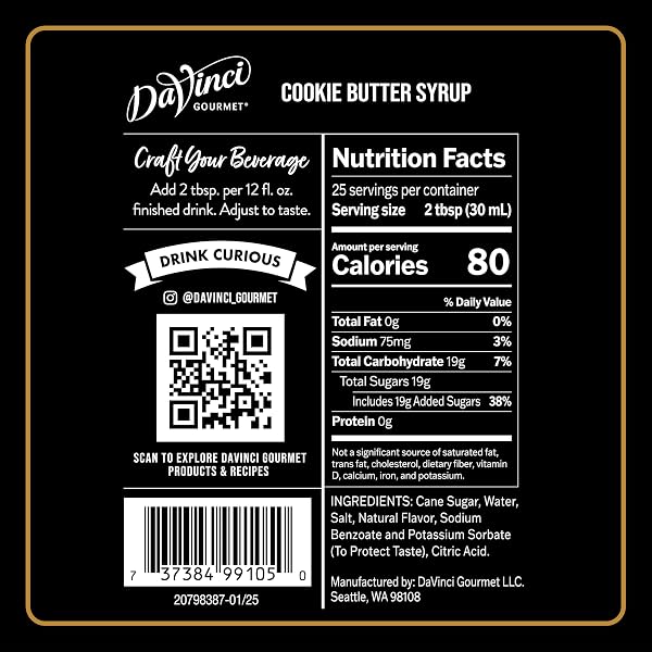 DAVINCI GOURMET COOKIE BUTTER SYRUP, MADE WITH PURE CANE SUGAR, DAIRY FRIENDLY, 25.4 FLUID OUNCES (PACK OF 1)