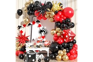 Casino Theme Balloon Arch Garland Kit, 104 Pieces Red Black and Gold Metallic Latex Balloon Garland Kit with Dice Crown Burst