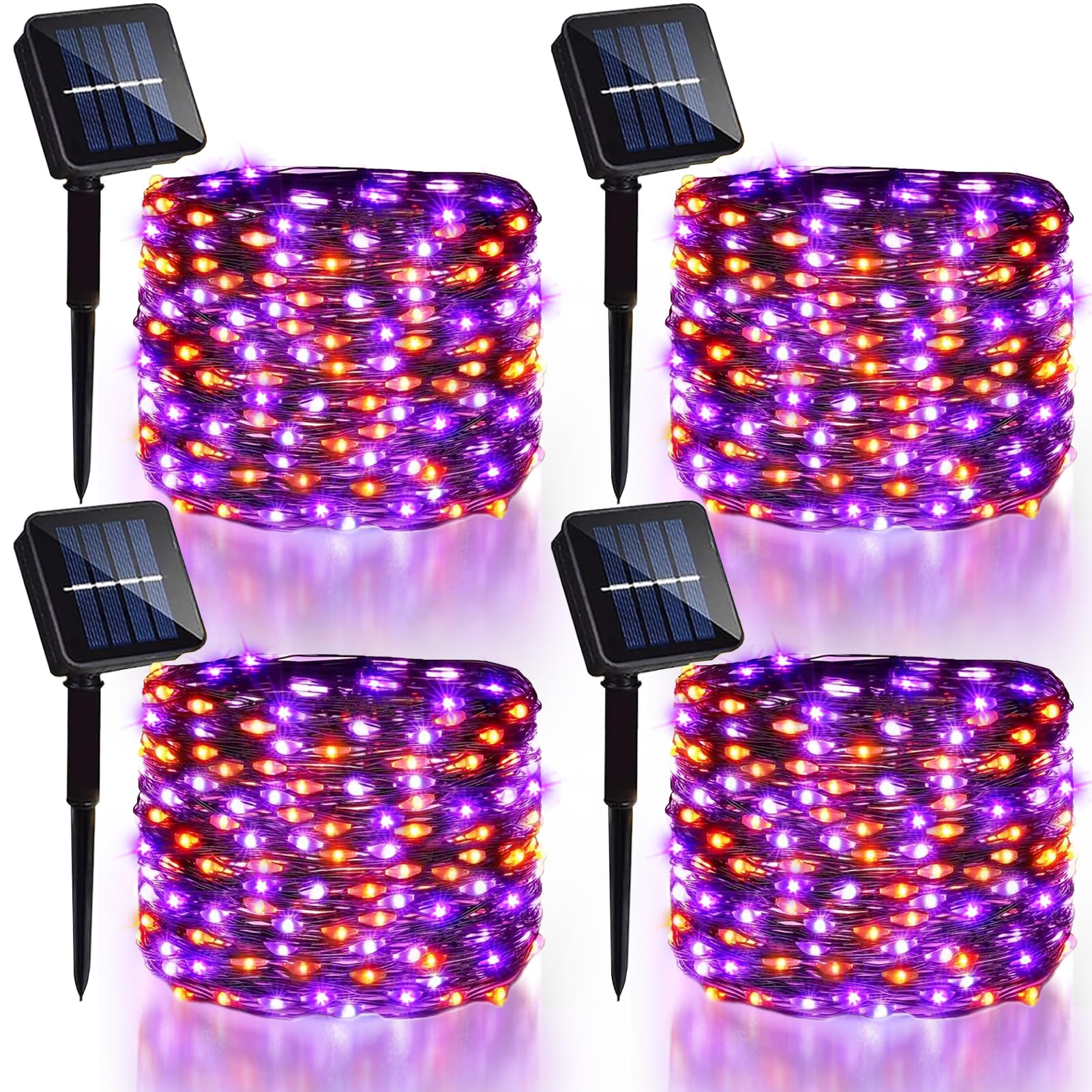 Photo 1 of 4 Pack Halloween Solar Fairy Lights 131.2Ft 400 LEDs Outdoor Twinkle Lights with 8 Modes, Waterproof Silver Wire String Lights for Garden Patio Party Decorations (Orange Purple)
