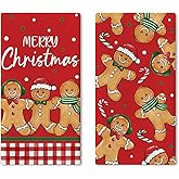 Croar Merry Christmas Gingerbread Man Red Kitchen Dish Towels Set of 2, Xmas Candy Cane Buffalo Plaid Drying Hand Towel Baking Cooking Cloth, Winter Holiday Bathroom Home Decoration 18 x 26 Inches