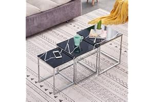 MENAKA Modern Nest of Tables Set of 3 Black Marble-Like, Living Room Small Coffee Table Set of 3 Black Square Little Sofa Side Table End Tea Snack Table Wood Tabletop Metal Frame Bedroom