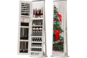 LVSOMT LED Mirror Jewelry Cabinet Standing, 360° Swivel Jewelry Organizers and Storage, Farmhouse Mirror with Jewelry Storage, Lighted Jewelry Armoire with Full Length Mirror (White Wood)