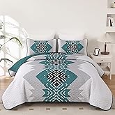 Dintszyayue Teal Boho Quilt Set Queen 3 Pieces Turquoise Aztec Texture Bedspread Coverlet Set with 2 Pillowcases Soft Lightweight Microfiber Bohemian Quilt Bedding Set for All Season 90"x96"
