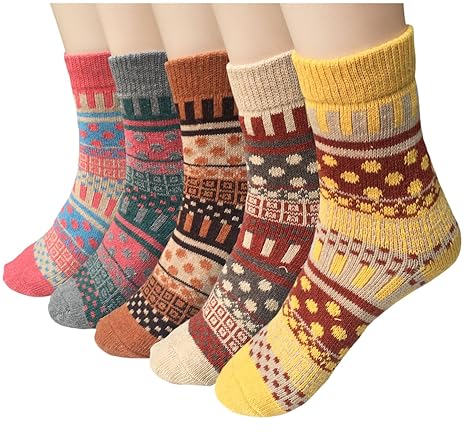 5 Paar Damen Winter Wollesocken, atmungsaktive weiche dicke Socken - bunte Farbe Premium Qualität klimaregulierende Wirkung,E
