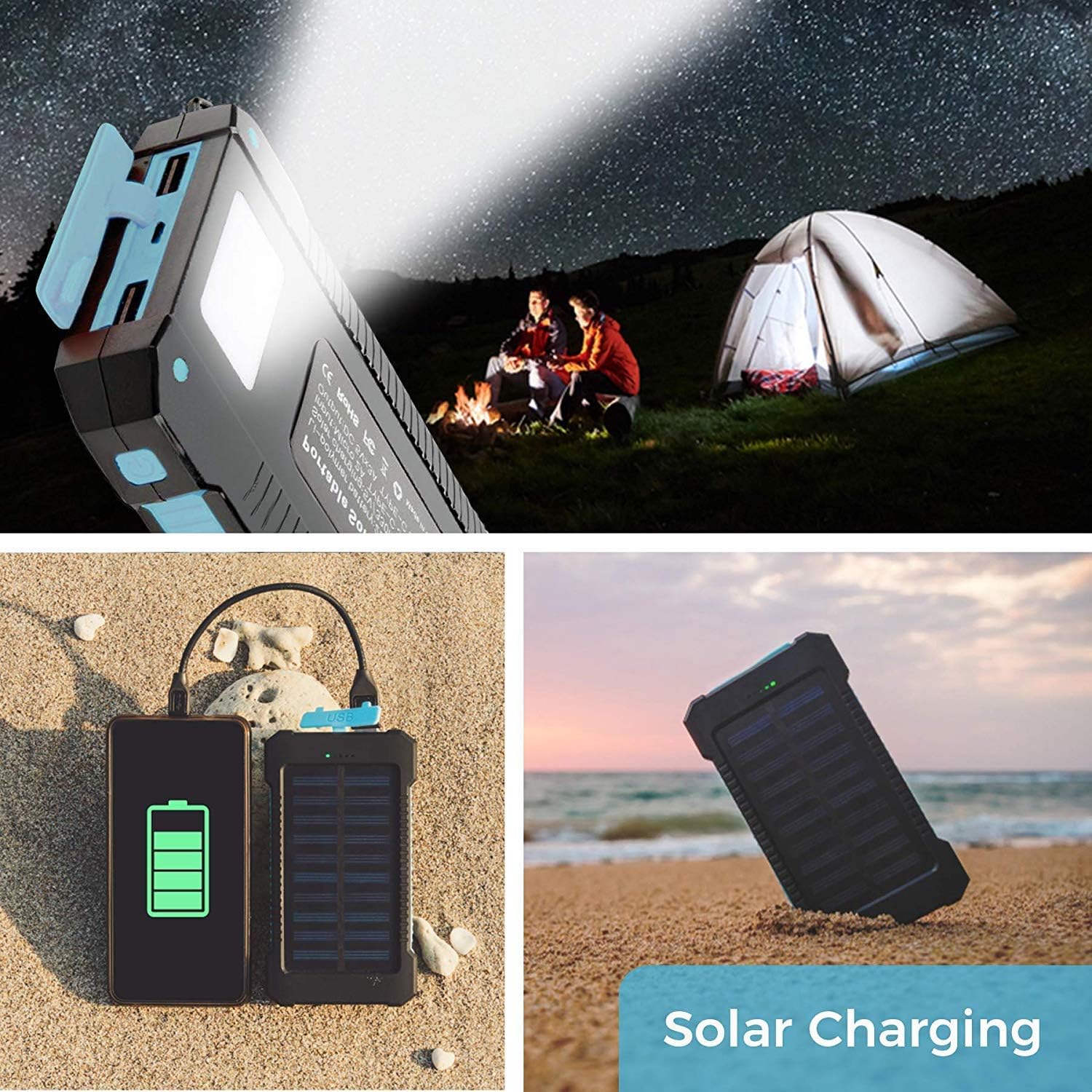Hidver Solar Phone Charger 20000mAh Portable Power Bank Waterproof Battery Packs with Dual Ports, Compass, Flashlight for Camping Solar Panel for Smartphones,GoPro Camera,GPS and Other Devices