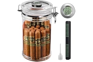 XIFEI Acrylic Humidor Jar with Digital Hygrometer, Tall Design Storage Case Fits Long Cigar, Humidifier & Spanish Cedar Wood Veneer, Portable Travel Humidor for 15-20 Cigars