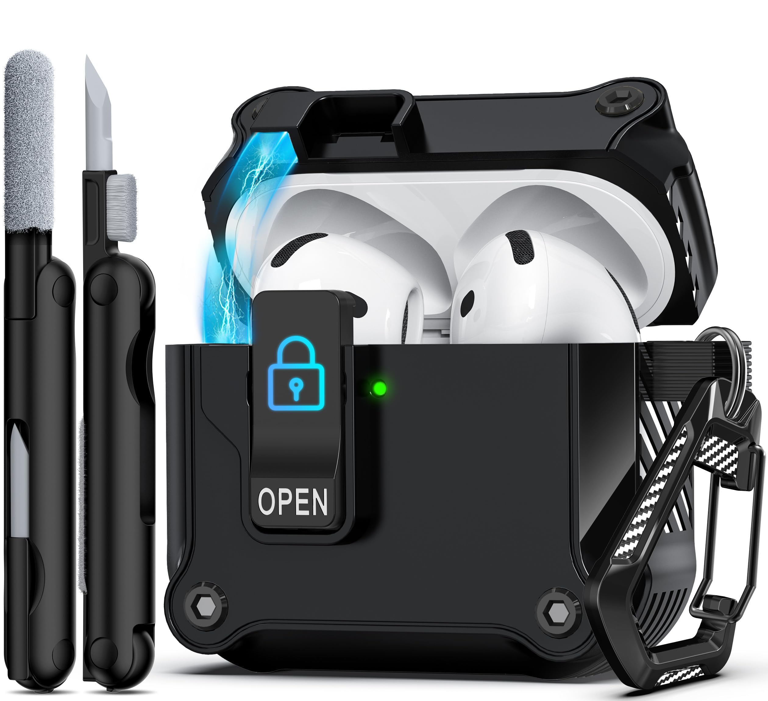 Photo 1 of R-fun Compatible with AirPods 4th Gen Case, Full Drop Protection Auto Pop-Up Lid and Lock Design with Cleaner Kit and Keychain for AirPods 4 2024-Black