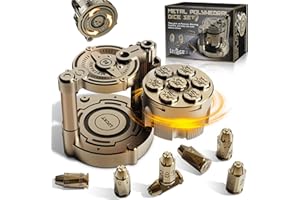 ZNQP Metal Dice Set of 7, Rotatable Bullet Dice Set Revolver Storage Container, Rotating Fingertip Stress Relief Polyhedral Dice Set Toy, Metal Dice Set for Most War Board Games(Gold)