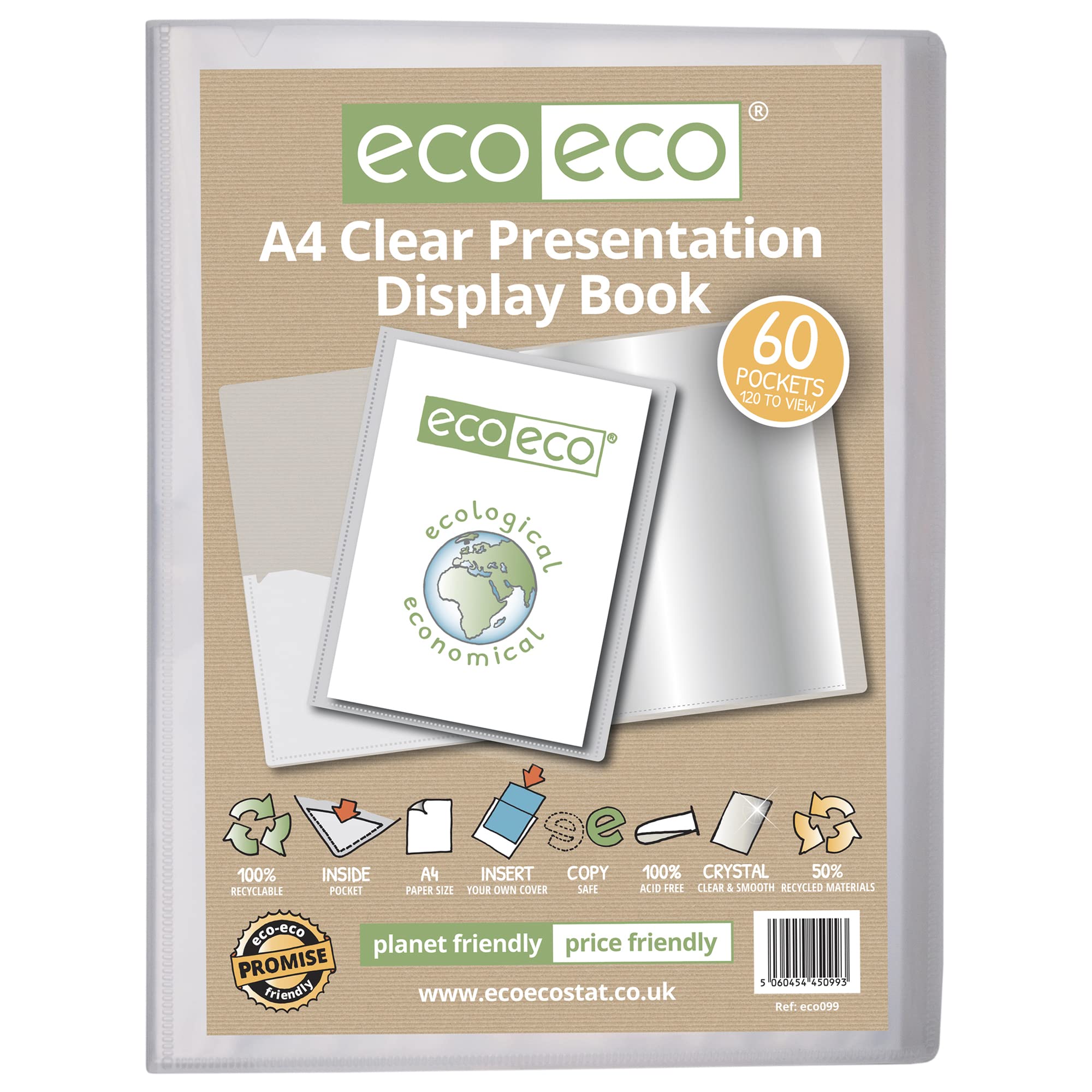 eco-eco A4 Size 50% Recycled 60 Pocket Clear Presentation Display Book, Storage Case Portfolio Art Folder with Plastic Sleeves, eco099