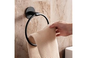 JS Black Towel Ring Self Adhesive Bathroom Towel Holder No Drilling 7.08 inches/18cm, Round Stainless Steel Hand Towel Rack f