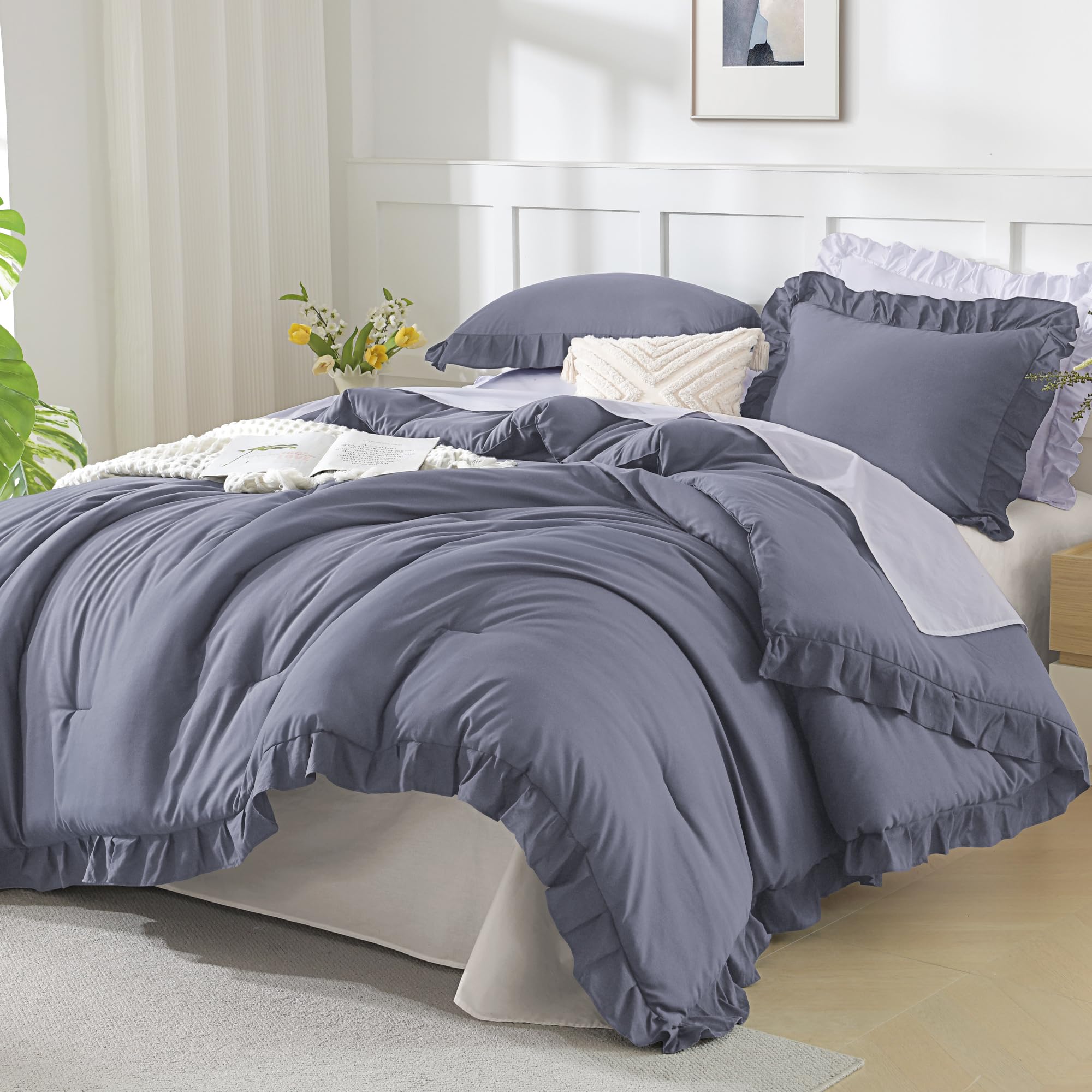 Andency Dark Blue Grey Ruffle Comforter Oversized Queen(98x98Inch), 3 Pieces(1 Ruffled Comforter and 2 Pillowcases) Solid Farmhouse Shabby Chic Bed, Vintage Rustic Soft Microfiber Bedding Set