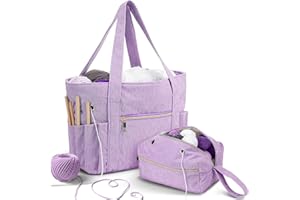 Bulyoou 2 Pcs Crochet Bag and Tote Set Corduroy Yarn Bag Crochet Tote Bag for Crochet Hooks Organizer Yarn Holder for Crochet Lovers Knitting Bag Crochet Accessories(Purple)