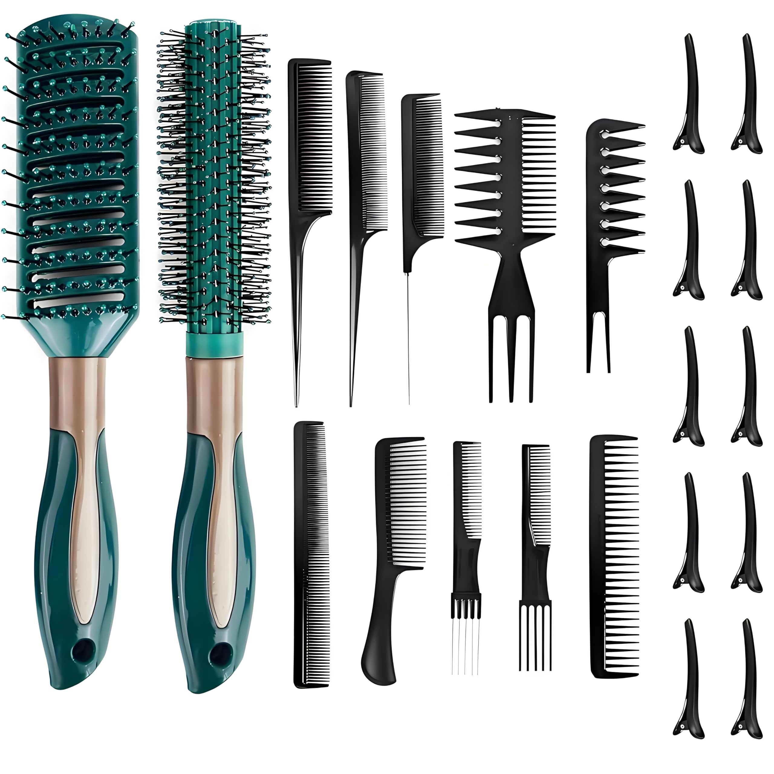 22 Pieces Hair Brush Set, Anti Static Massage Hair Comb, Round Brush Detangle and Combs Wet Dry for Women Men Green, Add Shine