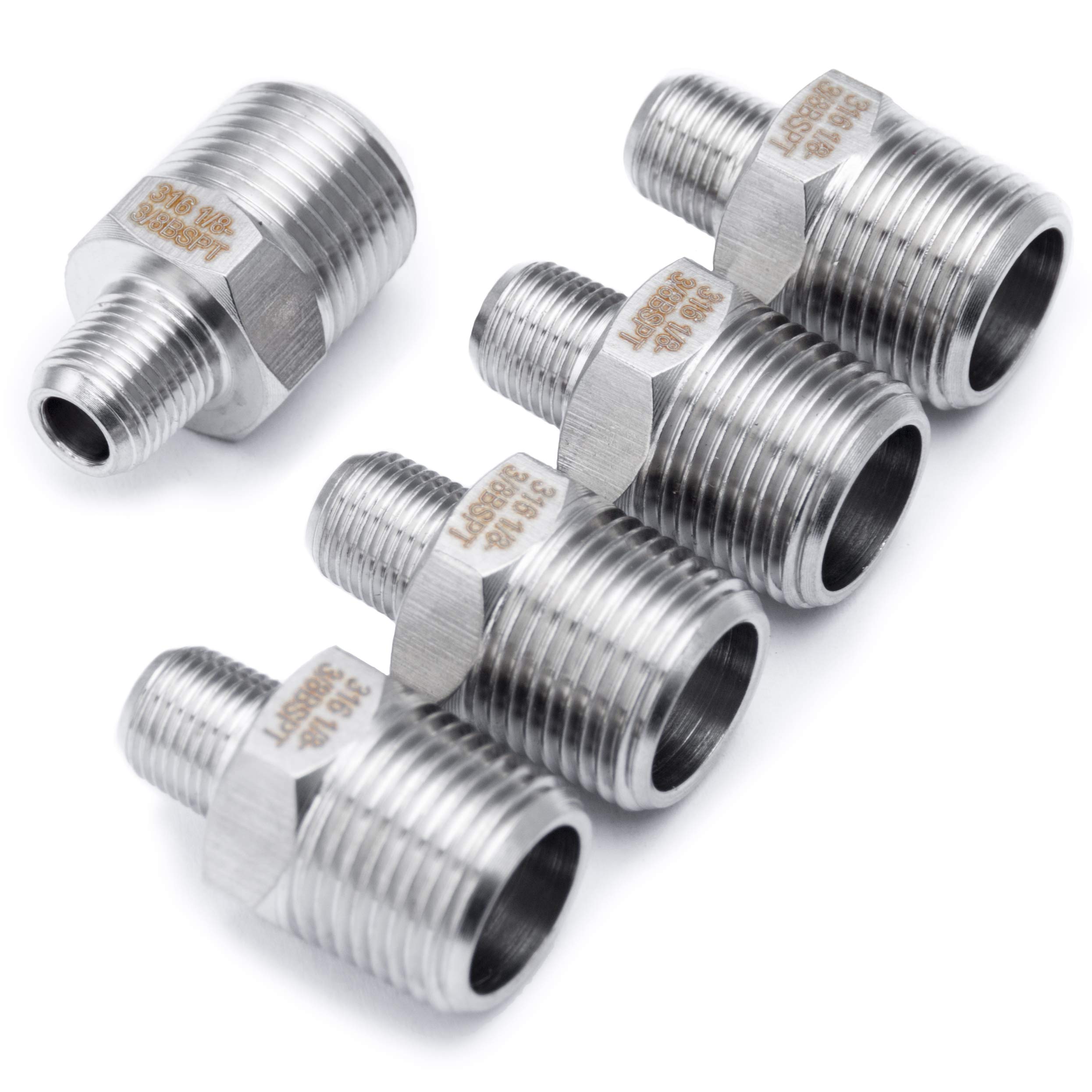 LTWFITTING Stainless Steel 316 Pipe Hex Reducing Nipple Fitting 3/8-Inch x 1/8-Inch Male BSPT (Pack of 5)