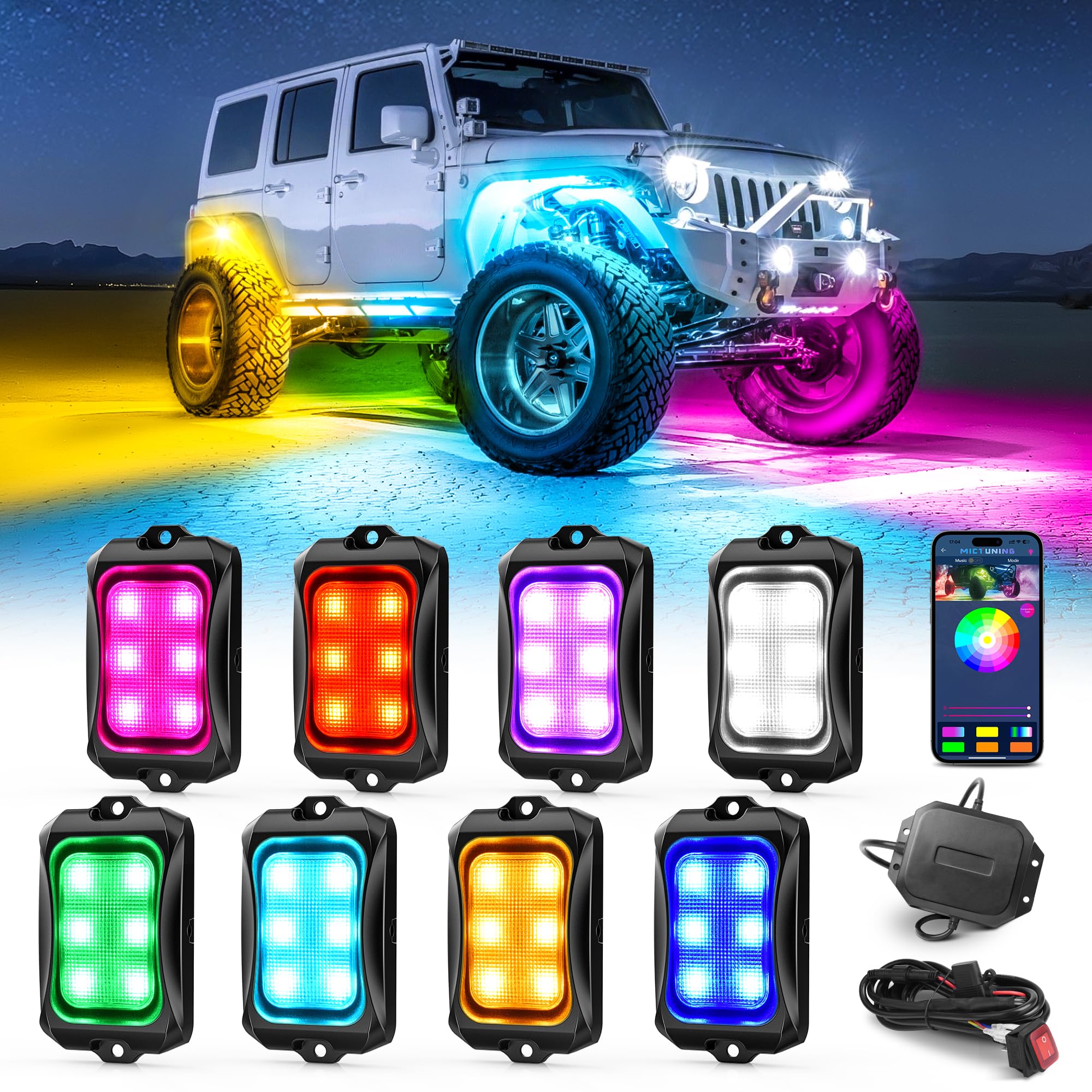 Photo 1 of MICTUNING C2+ RGB+IC Chasing Color Rock Lights, 8 Pods Underglow Neon Lighting Kit, Extensible Up to 24 Pods, Multi-Function APP Control, Waterproof IP68, for Trucks ATV UTV SUV