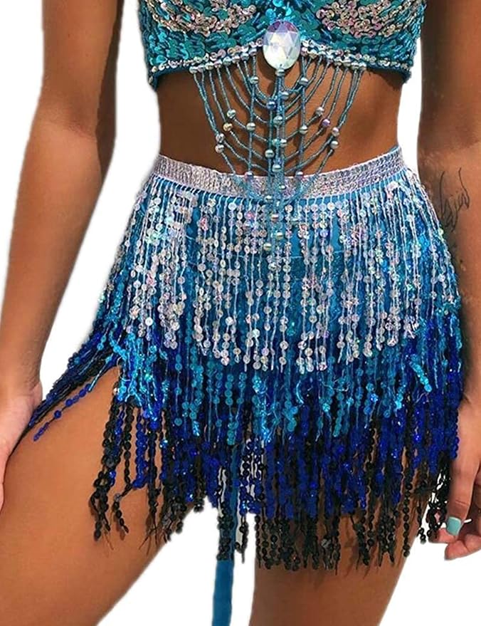 Gonna Paillettes Boho Per Danza Del Ventre - Con Nappe E Monete, Avvolgibile, Festival, Feste (Argento