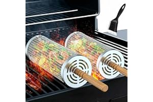 2 Pack Rolling Grill Basket, Removable Wooden Handle, 304 Stainless Steel, Smoker BBQ Accessories for Vegetable Fish Meat, Outdoor Grill Camping Backyard Cooking, Nesting BBQ Tools Birthday Gifts for Men Dad Husband - 1