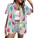 80s 90s Outfits Women Hawaiian Retro Birthday Party Button Down Shirts Disco Neon Short Sleeve Blouse Tops