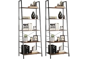 Yusong Ladder Shelf Set of 2, 5-Tier Ladder Bookshelf Bookcase,Utility Organizer Shelves for Plant Flower,Wood Look Accent Furniture with Metal Frame for Home Office, (Rustic Brown*2)