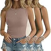 Sweetyweee 3 Pack Women's Ribbed Tank Tops Crew Neck Sleeveless Knit Tees Cotton Slim Fitted Basic Cami Shirts Tees