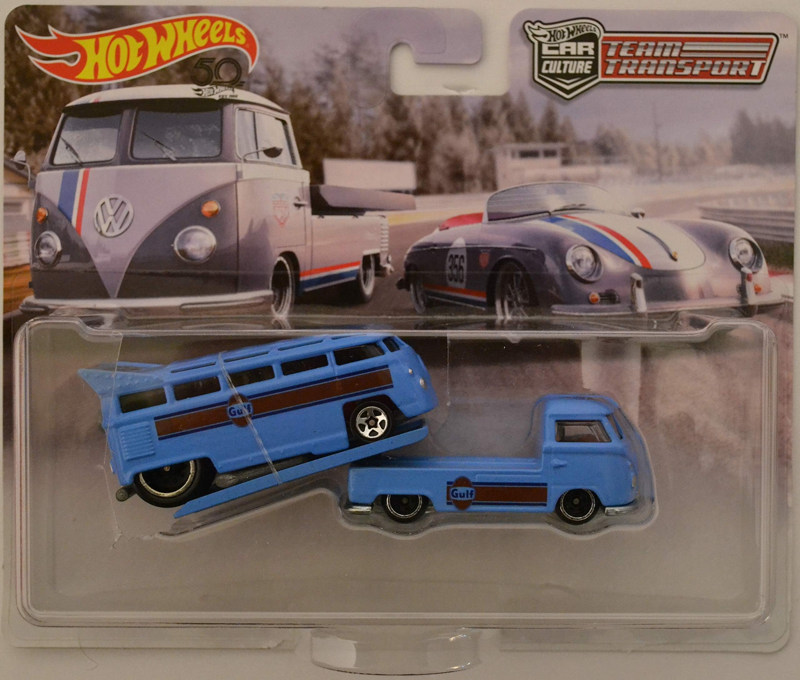 VW Drag Bus & VW Transporter T1 Pickup Blue Custom-Made Hot Wheels with Real Rider Rubber Wheels Team Transport Series 1:64 Scale Collectible Die Cast Model Car