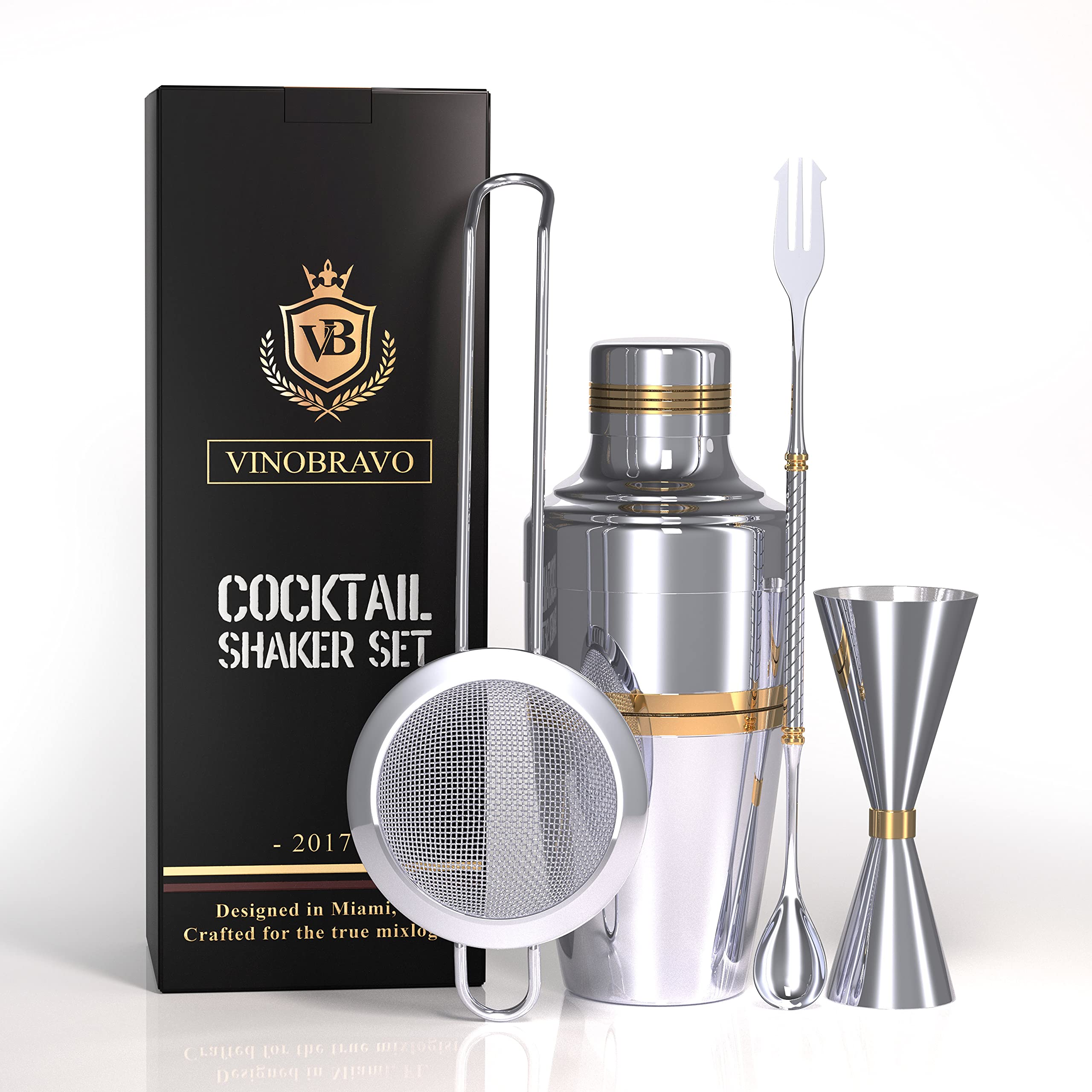 VinoBravo Premium Japanese 17oz. Cobbler Cocktail Shaker Set | Bar Set for Home Bars and Professional Bartender Kit with 500ml Cocktail Shaker, Double Jigger, Mixing Spoon and Fine Mesh Strainer