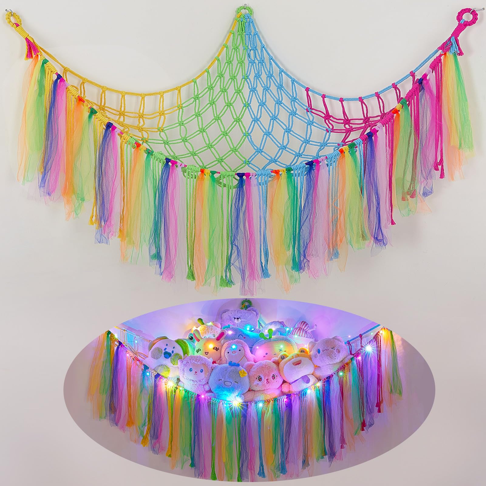 MHJY Toy Hammock Stuffed Animals Storage Net Soft Cuddly Toys Large Corner Hanging Net With LED Light Hand Woven Plush Macrame Organizer with Tassel for Kids Bedroom Nursery
