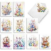 The Best Card Company 20 Assorted Easter Note Cards Boxed Set 4 x 5.12 Inch with Envelopes (10 Designs, 2 Each) Funky Rainbow Rabbits AM10546EAG-B2x10