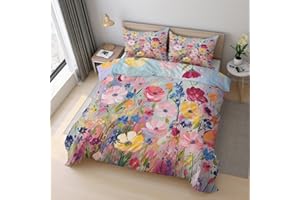 Oil Painting Flower Duvet Cover Queen Size, Wildflower Bedding Set 3 pcs with 2 Pillow Covers, Colorful Floral Bedroom Decor,