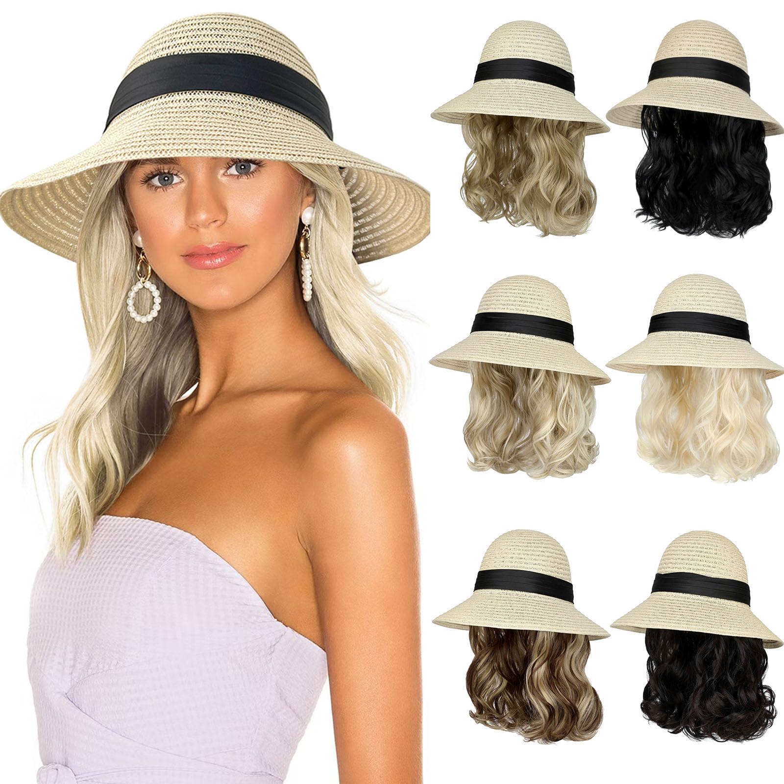 Photo 1 of Lansigreen Sun Hat with Hair Extensions Hat Wig UPF 50+ Foldable Wide Brim Straw Beach Hat Attached 9" Wavy Hairpiece Synthetic for Women Summer Ash Blonde Mix Bleach Blonde