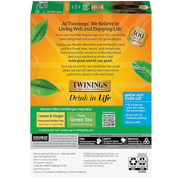 TWININGS DECAFFEINATED GREEN TEA K-CUP PODS FOR KEURIG, 24 COUNT (PACK OF 1), SMOOTH FLAVOUR, ENTICING AROMA, ENJOY HOT OR ICED