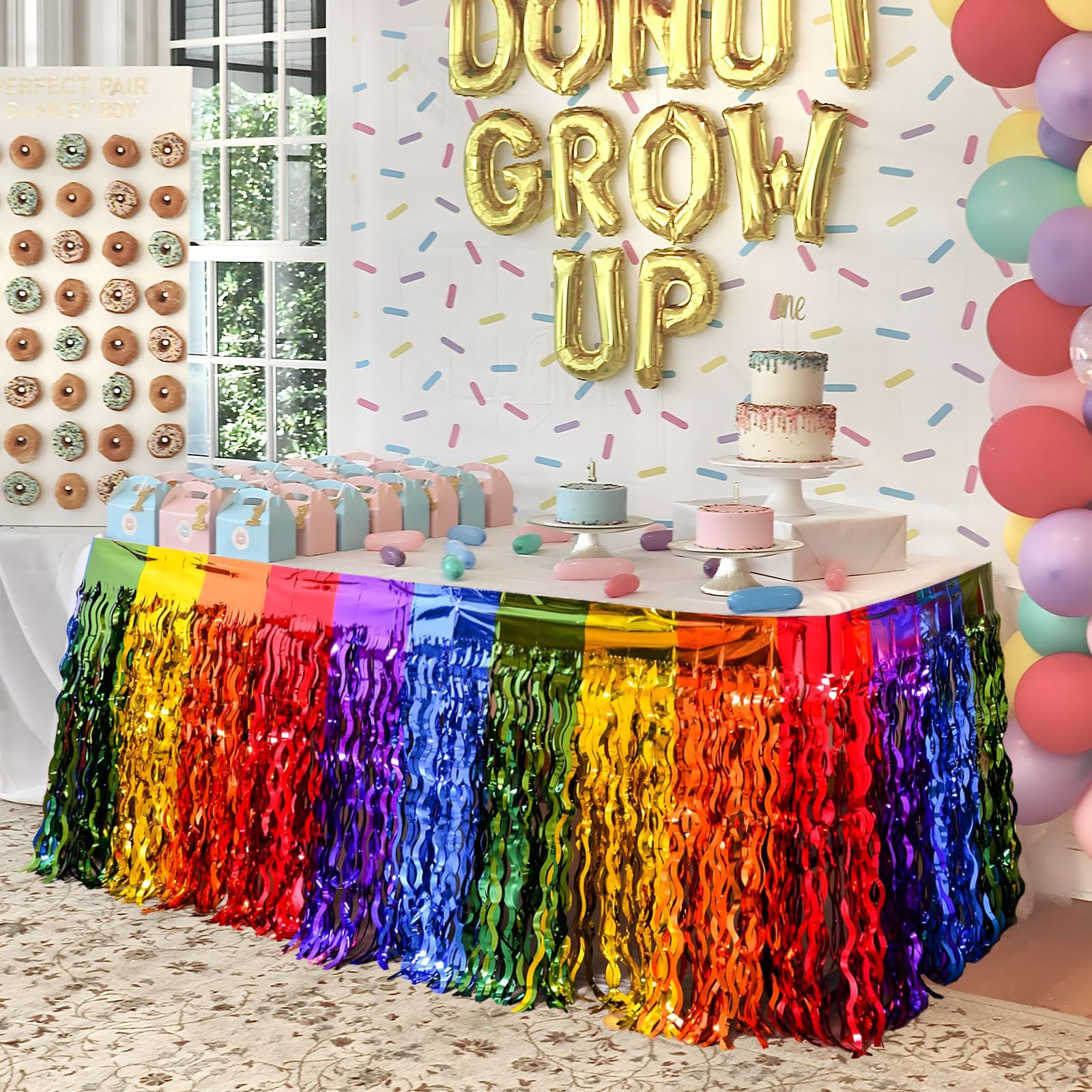 3Pcs Rainbow Party Table Skirt 75 x 275cm, PET Tinsel Foil Table Skirt, Wave Tinsel Foil Fringe Table Skirt, Rainbow Table Skirt Wedding Birthday Bridal Shower Anniversary Festival Table Decorations