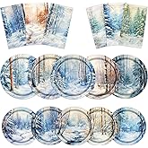 Gupesxu Winter Plates and Napkins Winter Wonderland Christmas Decorations Disposable Snow Forest Landscape Paper Plates Winter Scene Dinnerware for Holiday Xmas Party Supplies Serve 20