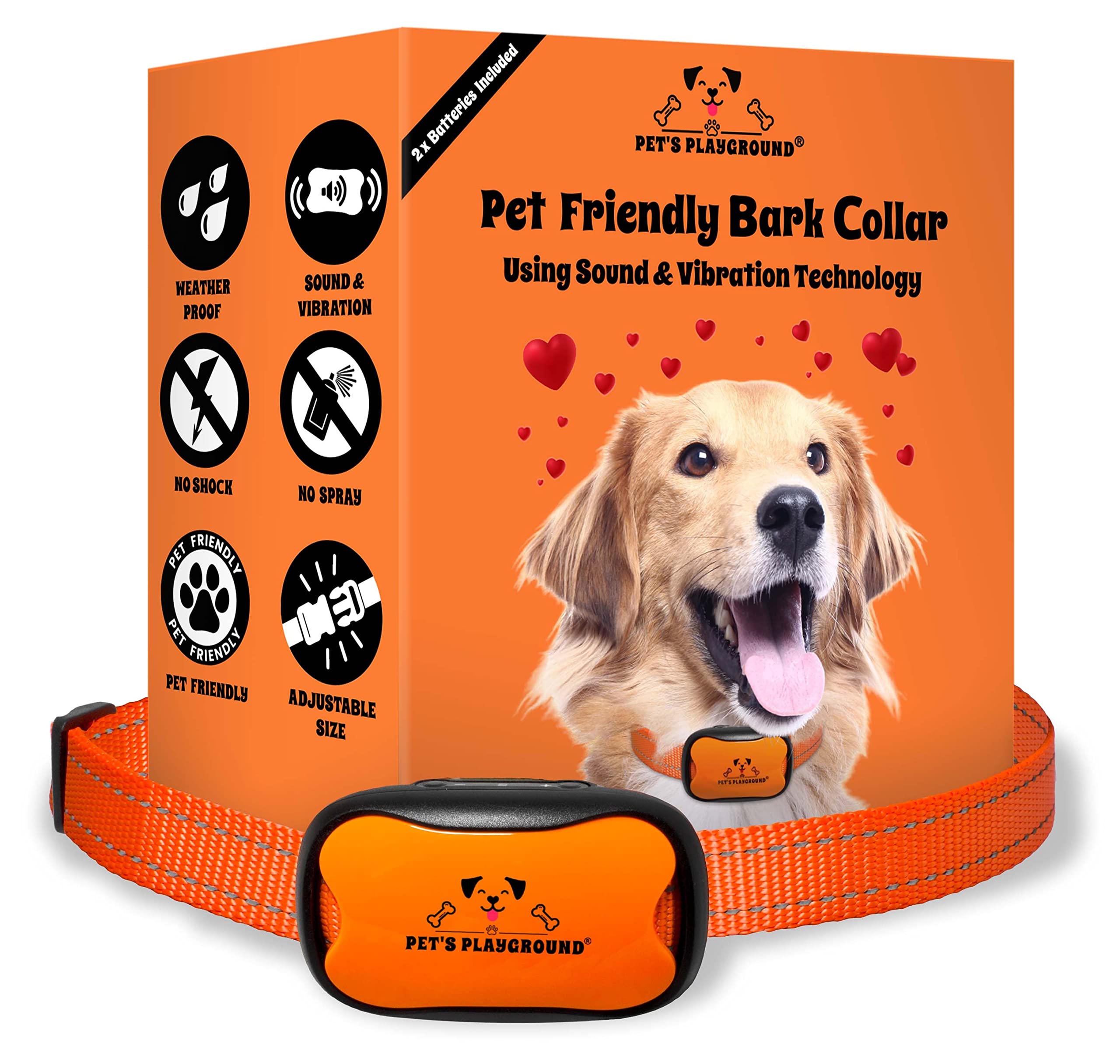 Pet's Playground Bark Collar | Anti Barking Dog Collars | Barking Collars Small Dogs Medium Dogs Large Dogs | Stop Dog Barking Device | Barking Deterrent | Orange | 2 Batteries Included