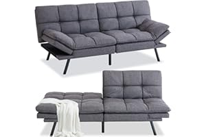 Opoiar Futon Sofa Bed,Modern Convertible Sleeper Sofa,Memory Foam Futon Sofa,71"x 33"x32"Compact Sofa,Loveseat Futon Bed,Breathable Linen Adjustable Sleeper Lounge Couch with Metal Legs,Dark Grey