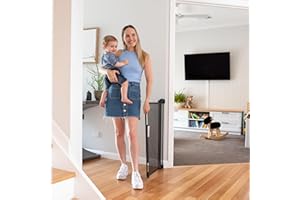 Perma Child Safety Retractable Baby Gate, 71" Wide x 33" Tall, Mesh for Stairs, Doorways, Indoors, Outdoors, Dogs, One-Hand Operation, Locks, Easy Install, Black