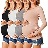 Ekouaer Womens Maternity Shirts Long Sleeve 3 Packs Pregnancy Tee Top Tunic Blouse Casual Mama Clothes S-XXL