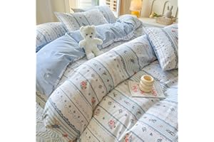 EAVD Boho Style Garden Floral Cute Rabbit Pattern Duvet Cover Queen Soft 100% Cotton Floral Cottagecore Bedding Set Girls Kawaii Rabbit Bedding Set with Zipper Closure