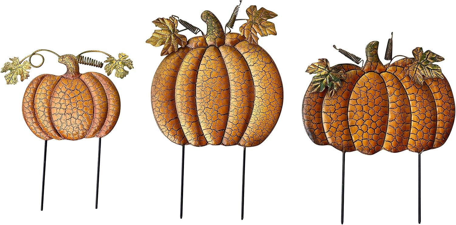 Yard Signs - Clovers Garden Halloween Fall Outdoor Yard Decorations Pumpkin Metal Yard Signs with Stakes - Fall Thanksgiving Lawn Walkway or Planter Rustic Home Décor - Set of 3 (Style D)