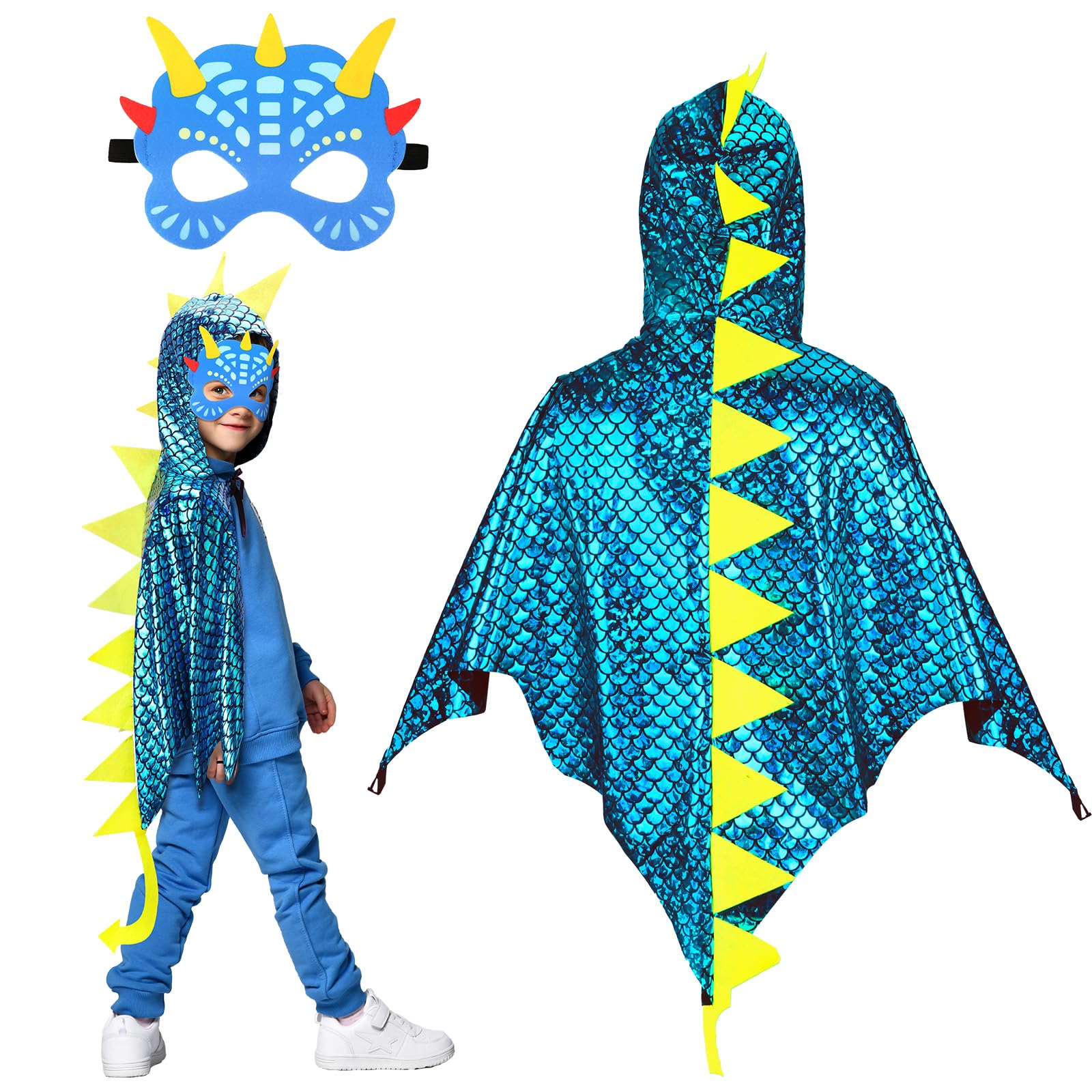 Landifor 2pcs Dinosaur Costume for Kids Blue Dino Fancy Dress Outfit Dragon-Wings Cape with Dino Mask for 3-8 Years Toddler Jurassic Themed Party Costume Cosplay Pretend Play