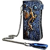 Handadsume Genuine Crazy Horse Leather Travel Gift Coin Pocket Card Case Long Organizer Chain Rfid Wallet Purse With Snap For Men Male 1088 (1088 Dark Blue)