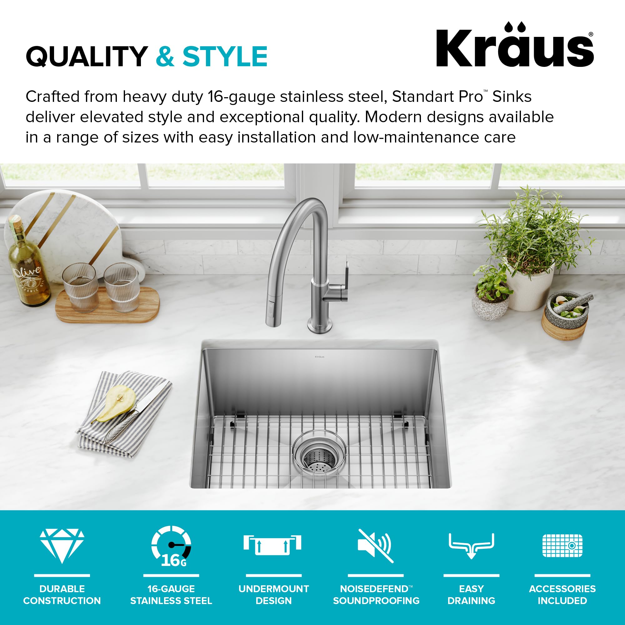 KRAUS Standard PRO 23-Inch 16 Gauge Undermount Single Bowl Stainless Steel Kitchen Sink, KHU101-23