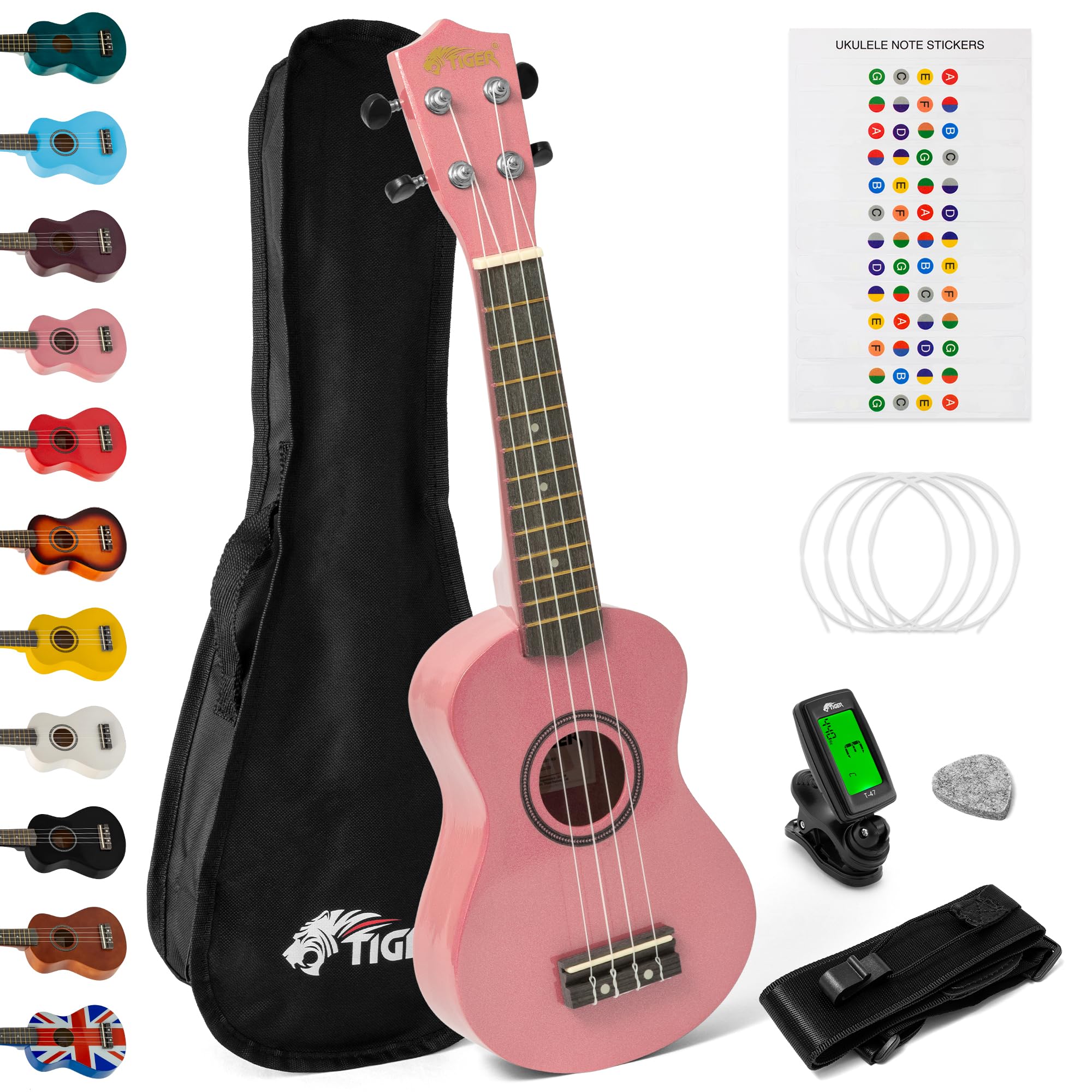 Tiger UKEKIT-PK Soprano Ukulele Kit – Suitable for Beginners and Children – Chromatic Tuner, Strap, Carry Bag, Notes Sticker, Felt Pick, Spare Strings, with Aquila Strings Fitted - Pink