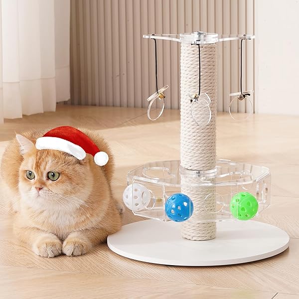KICARI MODERN 3-IN-1 INTERACTIVE CAT TOY, ROTATING PUZZLE BOX CAT PUZZLE TOYS FOR INDOOR CATS WITH COLORFUL JINGLE BALLS, SMALL SCRATCHING POST, SPINNING TEASER DISC WITH DANGLING TOYS, ACRYLIC WHITE