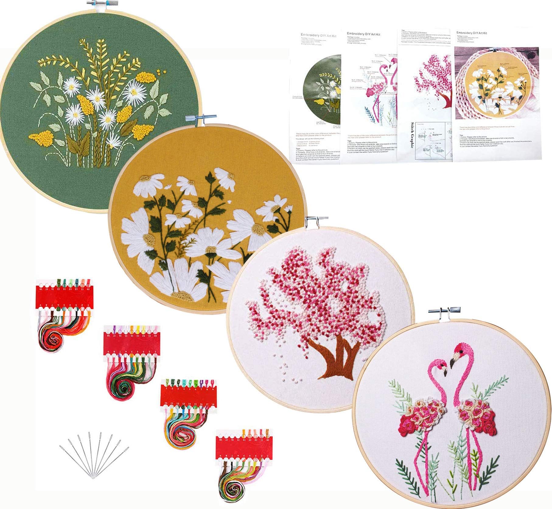 Kakeah 4 Pack Full Range of Stamped Embroidery Starter Kit with Pattern and Instructions, Including Embroidery Cloth with Pattern,Plastic Embroidery Kits