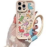 FXFOOT Cartoon Cute Dinosaurs Phone Case Compatible for iPhone 16 Pro Max Case, with Adjustable Anti-Drop Wrist Strap - Full-Body Shockproof Protection, Raised Camera & Edge Guards