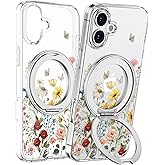 Loheckle for iPhone 16 Plus Case with Stand- Compatible with MagSafe Women Girls Cute Clear Girly Aesthetic Unique Design Soft TPU Magnetic Ring Phone Cover for Apple 16 Plus, Retro Floral