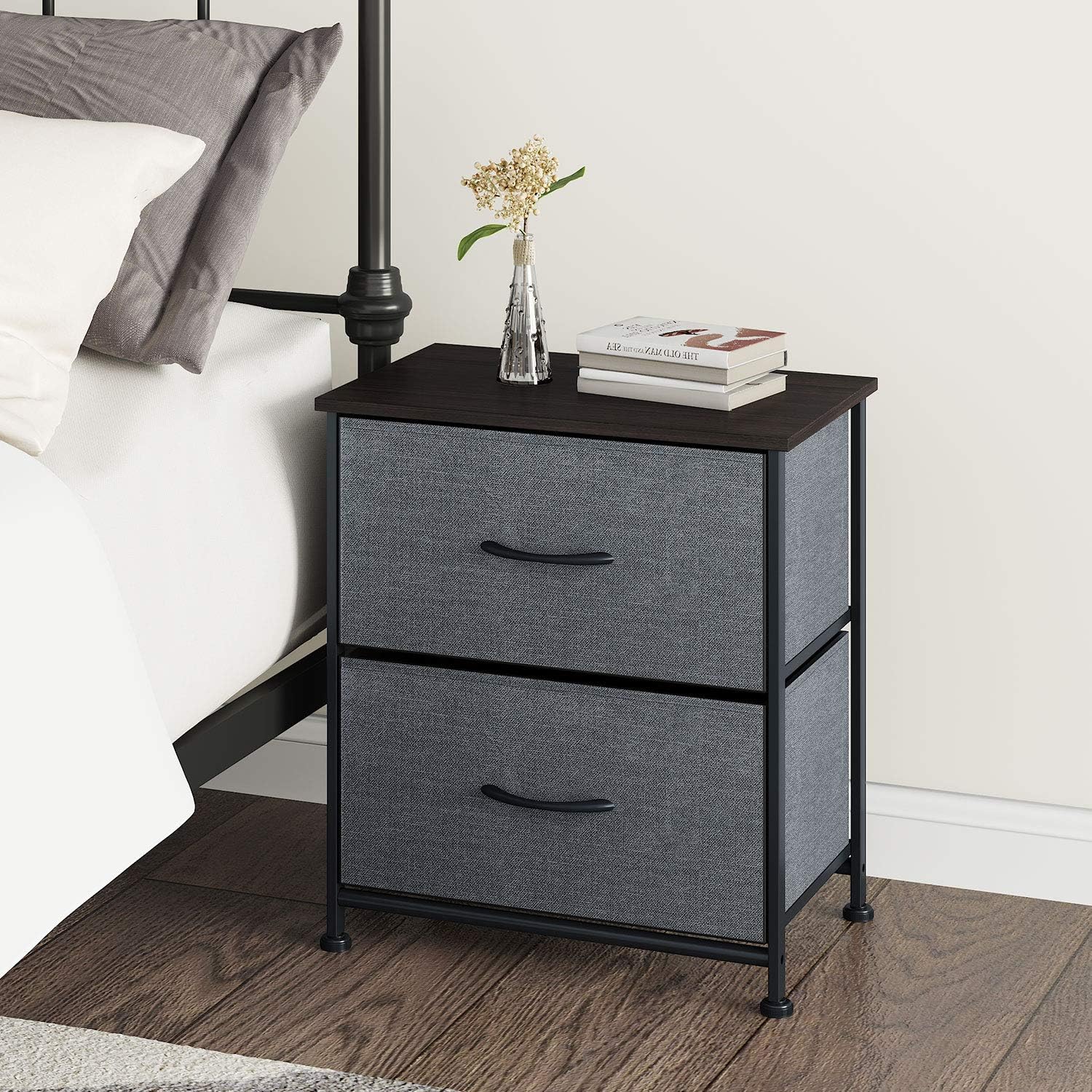 WLIVE Nightstand with 2 Fabric Drawers，Bedside Furniture & End Table Dresser for Bedroom, Living Room, Steel Frame, Wood Top, Easy Pull Handle -