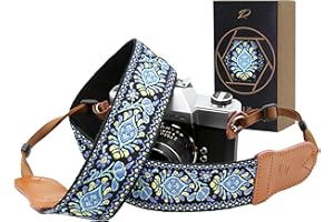 Padwa Lifestyle Camera Strap - 2" Wide Double Layer Cowhide Head Camera Straps for Photographers, Universal Neck & Shoulder Cotton Padded Vintage Strap for All DSLR Cameras（Blue Embroidery Floral）