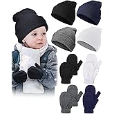 Vicenpal 4 Sets Kids Winter Beanies with Gloves Knitted Beanie Hats Toddler Cap Gloves Set Cuffed Skull Cap for Boys Girls